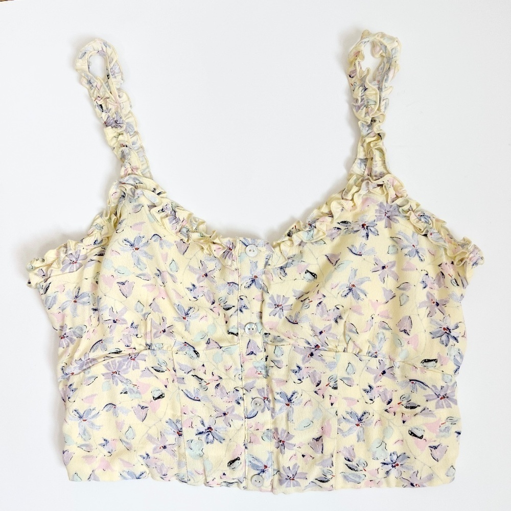 NEW Gianni Bini Floral Pastel Yellow Ruffle Neckline Chiffon Cropped Top Medium